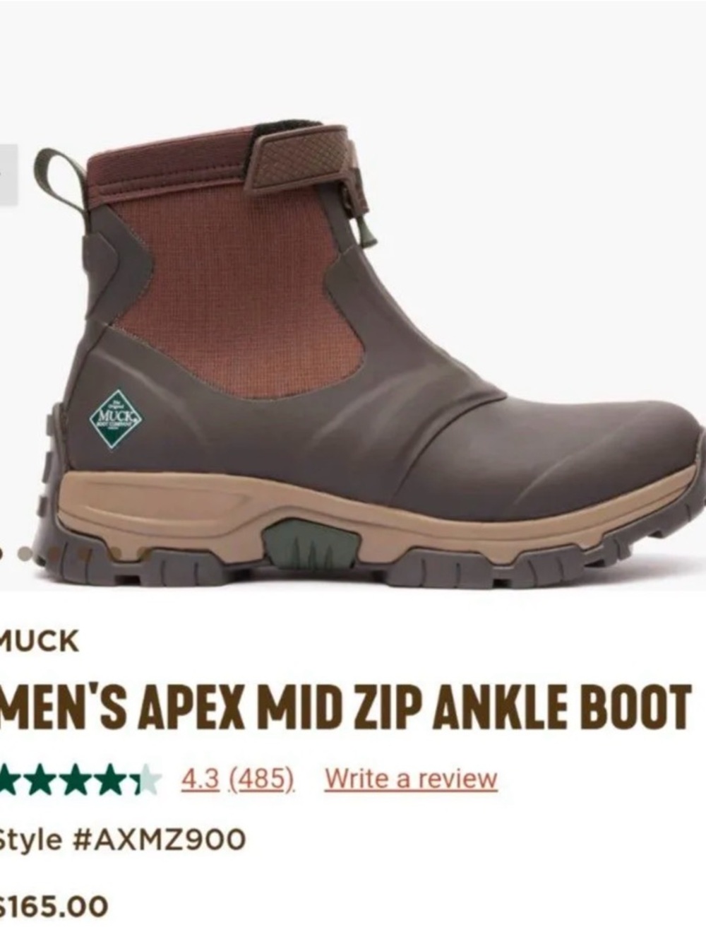 Muck Men's Apex Mid Zip Ankle Boot - Chestnut Brown